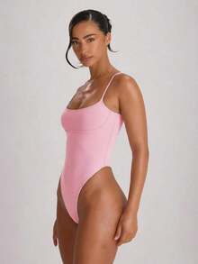Resort Traje de baño con cuello recto, tirantes y corte alto en la pierna, tipo cheeky.Traje de baño básico unicolor para vacaciones, verano y viajes a la playa. - Rosa - Ver 3
