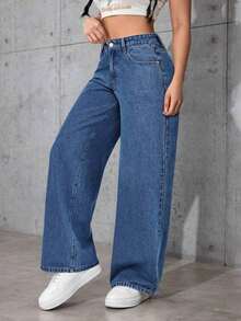 Jeans rectos y sueltos de color liso clásico informal - Azul - Ver 5