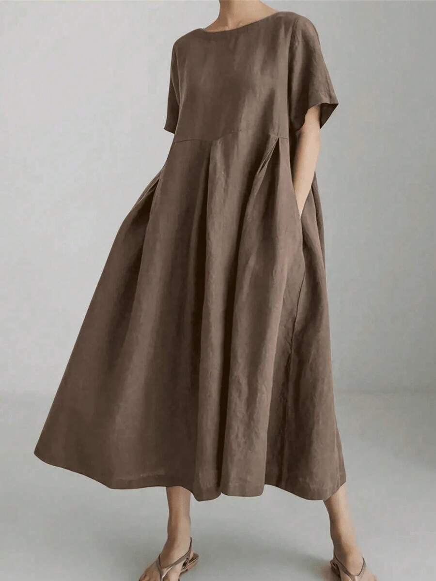 Vestido de lino suelto, casual, elegante y cómodo para mujer.Vestido largo suelto de manga corta, con bolsillo, cuello redondo y unicolor.Ajuste relajado para el verano - Marrón - Ver 1