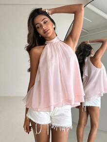 Camiseta sin mangas de gasa con cuello halter, fruncida y con línea A, de estilo bohemio minimalista y sexy, color morado berenjena, para primavera/verano - Rosa - Ver 8