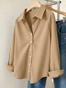 Camisa casual de mujer de un solo pecho de manga larga con hombros caídos y unicolor - Caqui - Ver 1