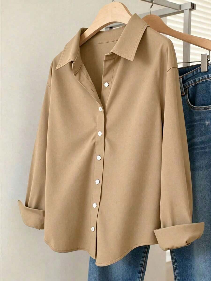 Camisa casual de mujer de un solo pecho de manga larga con hombros caídos y unicolor - Caqui - Ver 1