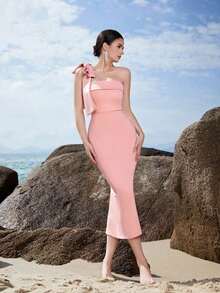 Vestido de cóctel ADYCE de un hombro, unicolor, con lazo decorativo, escote strapless, abertura en la espalda y hasta la rodilla, blanco, elegante y semiformal para bodas, cumpleaños, graduación, cena o eventos - Rosa - Ver 3