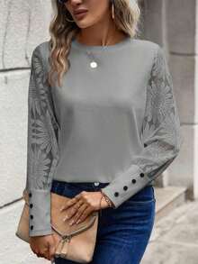 Blusa de mujer con mangas de encaje floral, parches y tejido de gofre, color blanco - Gris - Ver 6