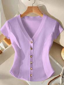 Camiseta de mujer de punto con cuello en V profundo, manga corta, cintura ceñida, abertura frontal con botones metálicos, elegante, romántica, casual, para uso diario, trabajo, cena, primavera/verano - Morado - Ver 8