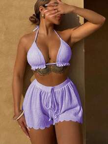 Conjunto de bikini de 3 piezas con parte superior de atar al cuello, estampado de lunares y shorts, con volantes, para mujer, para playa de verano - Morado - Ver 5