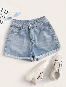 Pantalones cortos vaqueros de cintura alta enrollados para el verano - Celeste - Ver 1