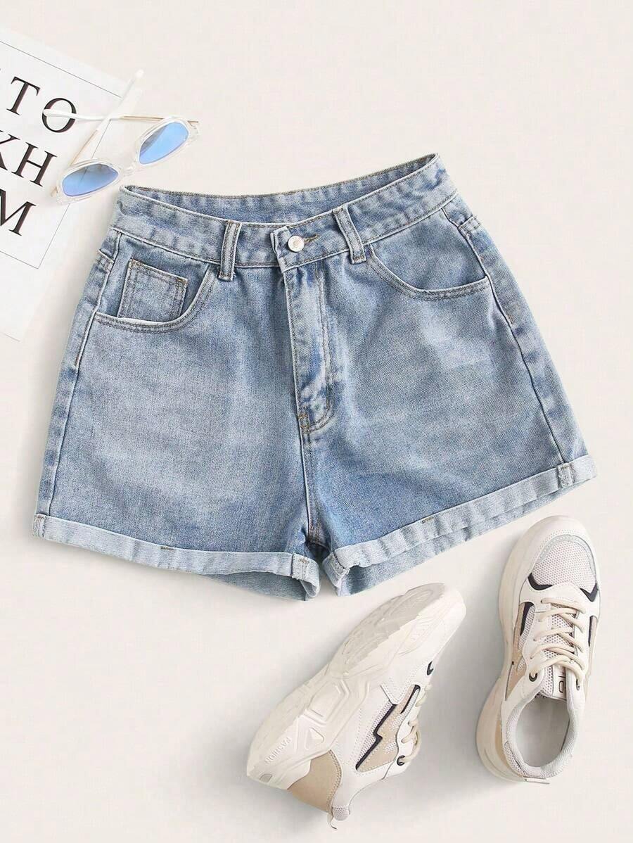 Pantalones cortos vaqueros de cintura alta enrollados para el verano - Celeste - Ver 1