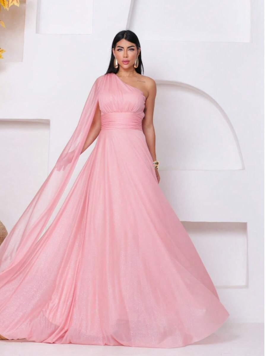 Long, Sparkly, One-Shoulder Party Dress With An Elegant Cape, Perfect For Bridesmaids, Weddings, And Graduations. - Màu hồng gỉ - Xem 1