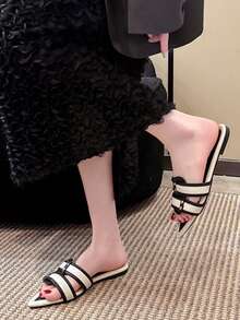 Women's Summer Pointed Toe Slip-On Slippers, Fashionable Comfortable Color Block Design, Popular Style - Black - View 4