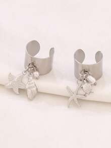 1 pièce Bague en acier inoxydable avec étoile de mer et coquillage, bague ouverte à motif étoile de mer à la mode pour femmes, bijou imperméable pour les vacances à la plage - anneau - Voir 6