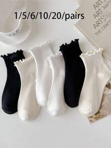 6 Pairs Japanese Style Frill Trim Short Socks, Cute Fresh Wood Frill Trim Women's Socks - Multicolor - View 4
