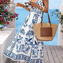 Vacation, traje de vacaciones, traje de verano, vestido romántico con estampado floral blanco y azul para mujer Vestidos boho para mujer Traje de Santorini para mujer Ropa de resort Vestido de vacaciones para mujer Vestidos largos de verano para mujer Vestidos de picnic para mujer Vestidos elegantes de verano para mujer - Azul y blanco - Ver 8