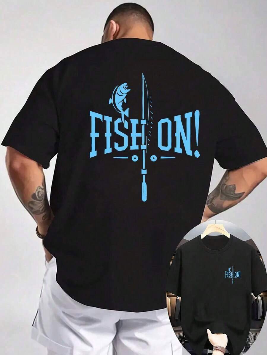 New Summer Casual Printed T-Shirt With A Ribbed Crew Neck And Short Sleeves. Made From Pure Cotton, It's Cool And Comfortable To Wear. Both The Front And Back Feature A Fishing Rod And Fish Print. Perfect For Outdoor Wear, Available In Plus Sizes. - 黑色 - 查看 1