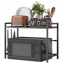 Extendable Microwave Shelf, Microwave Stand With 3 Hooks, Kitchen Rack, Metal Microwave Stand, Black - 黑色 - 查看 1