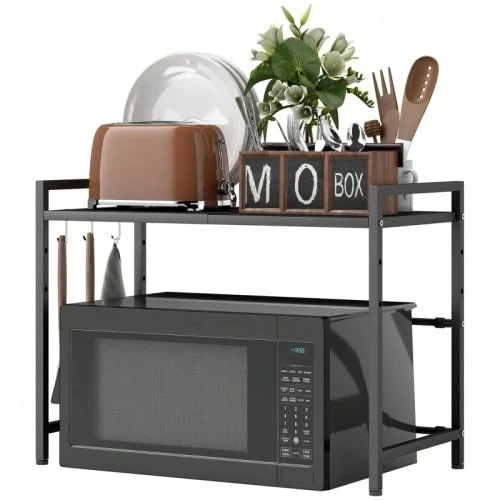 Extendable Microwave Shelf, Microwave Stand With 3 Hooks, Kitchen Rack, Metal Microwave Stand, Black - 黑色 - 查看 1