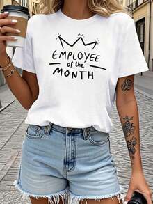 Empleado del mes Corona impresión mujer camiseta verano estilo europeo fácil cuello tripulación oficina superior diaria calle desplazamiento versátil artículo festival vibe moda ropa de mujer - Blanco - Ver 2