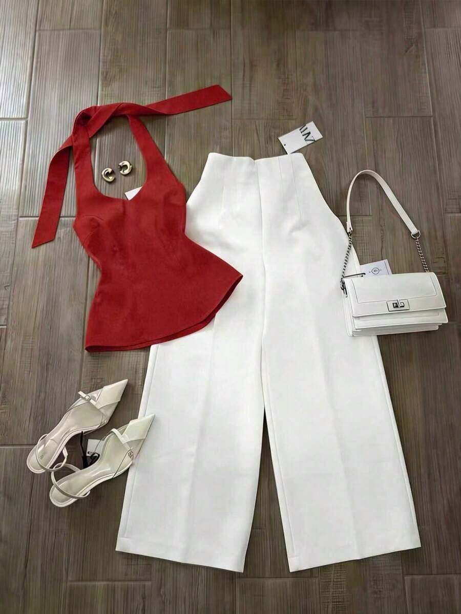 Conjunto casual de 2 piezas de top halter de unicolor y pantalones de pierna ancha para mujer - Multicolor 4 - Ver 1