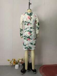 Vestido midi cuello cuadrado estampado estilo corte real vintage otoño 2026, tejido elástico y corte ajustado en cadera - Blanco - Ver 8