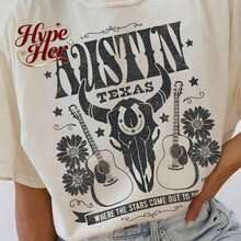 1 pieza de camiseta de verano de algodón suave para mujer HypeHer con estampado retro de Austin Texas 2026, estilo casual de vacaciones, holgada, multifuncional, de cuello redondo, negra, de manga corta, elegante para el uso diario, adecuada para el uso cotidiano. 180g 100% algodón suave. - Blanco - Ver 3