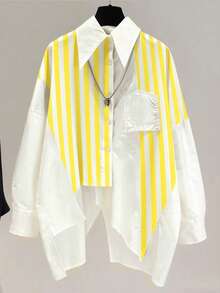 Women's Casual Striped Contrast Color Drop Shoulder Long Sleeve Button Lapel Pocket Asymmetric/Asymmetrical Back Slit Loose Shirt With Design Details, Autumn Spring - Yellow Stripes On White Background - View 6