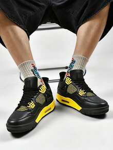 Men's High-Top Sneakers, Paris Saint-Germain Retro Basketball Shoes, Bright Yellow Sneakers, Breathable Mesh Shoes, Air Cushion Sneakers, Streetwear Sneakers, Non-Slip Basketball Shoes, Men's Fashion Footwear, Performance Sneakers, Iconic Design Shoes - 雷神 - 查看 3