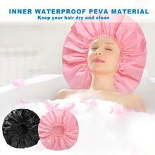 Extra Large Shower Cap 2 PCS Waterproof Shower Caps For Women, Super Jumbo Shower Cap, Reusable Super Large Bath Caps Hair Cap For Long Thick Curly Hair, Locs, Twist Braids - Black + Pink - View 8