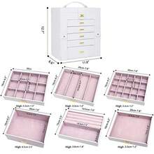 AKOZLIN - Caja de joyería extragrande de 6 niveles con espejo, 5 cajones de piel para almacenamiento de joyas para mujeres y niñas, anillo y arete, color blanco - Blanco - Ver 4
