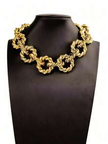 1pc Vintage Bohemian Style Textured Twisted Geometric Necklace, Gold-Tone, Hiphop Metal Vibe, Suitable For Party, Festival, Daily Wear - Multicolor - View 2