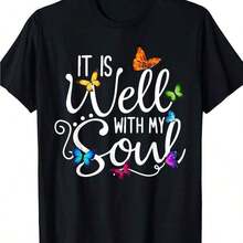 Camiseta con un himno cristiano, estampada con la frase "Mi alma está consolada".Esta camiseta de temática religiosa presenta un diseño de mariposas y está hecha de un tejido suave y transpirable.Muy adecuado para la iglesia, el culto o el uso diario, disponible en tallas grandes, resistente a la decoloración, con estampado artístico, adecuado para mujeres, ideal para ir al trabajo, adecuado para aniversarios. - Negro - Ver 1