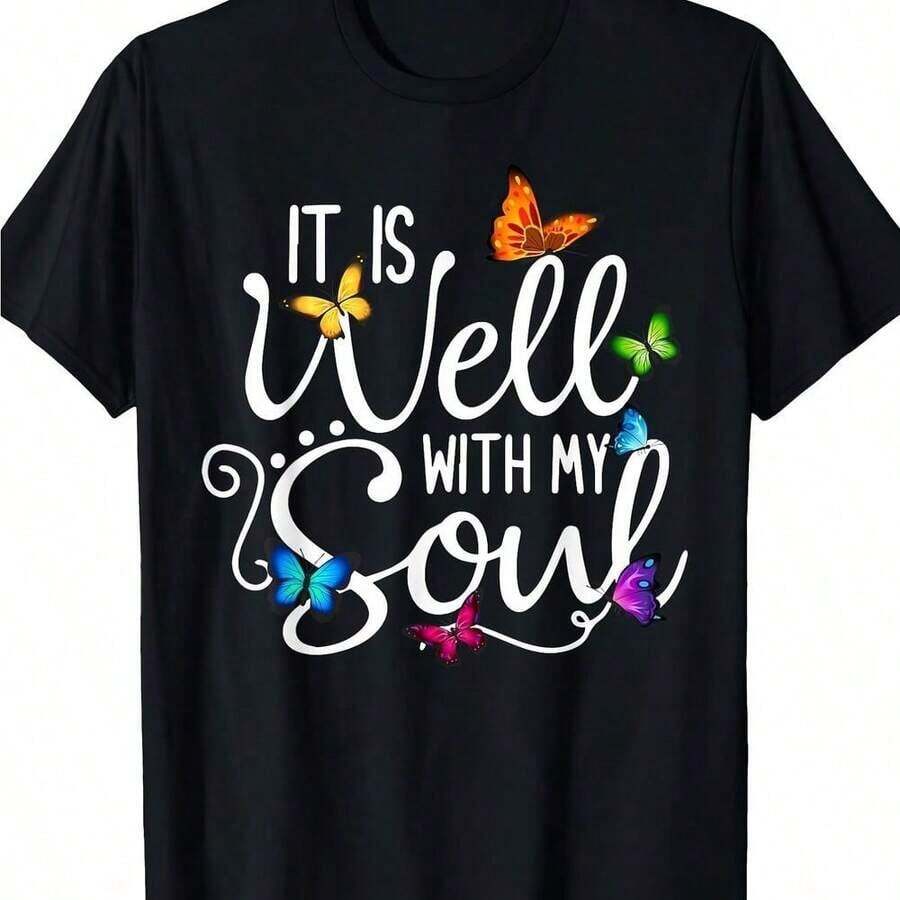 Camiseta con un himno cristiano, estampada con la frase "Mi alma está consolada".Esta camiseta de temática religiosa presenta un diseño de mariposas y está hecha de un tejido suave y transpirable.Muy adecuado para la iglesia, el culto o el uso diario, disponible en tallas grandes, resistente a la decoloración, con estampado artístico, adecuado para mujeres, ideal para ir al trabajo, adecuado para aniversarios. - Negro - Ver 1