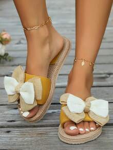 Women's Leopard Print Bowknot Slides, Fashion Square Open Toe Slip On Flat Shoes, Casual Slide Sandals - Multicolor - View 4