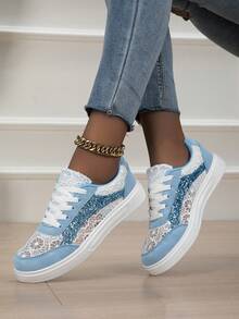 Summer New Lace Patchwork Breathable Comfortable Round Toe Lace-Up Light Blue Canvas Sneakers, Fresh College Style Sports Shoes For Women - Baby Blue - View 2