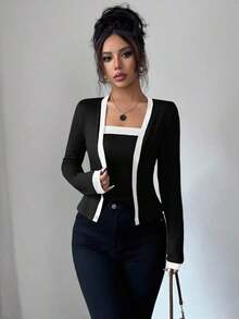 Set de 2 piezas: Top de mangas largas con panel de color elegante de frente abierto y camiseta sin mangas para mujer - Multicolor 4 - Ver 4