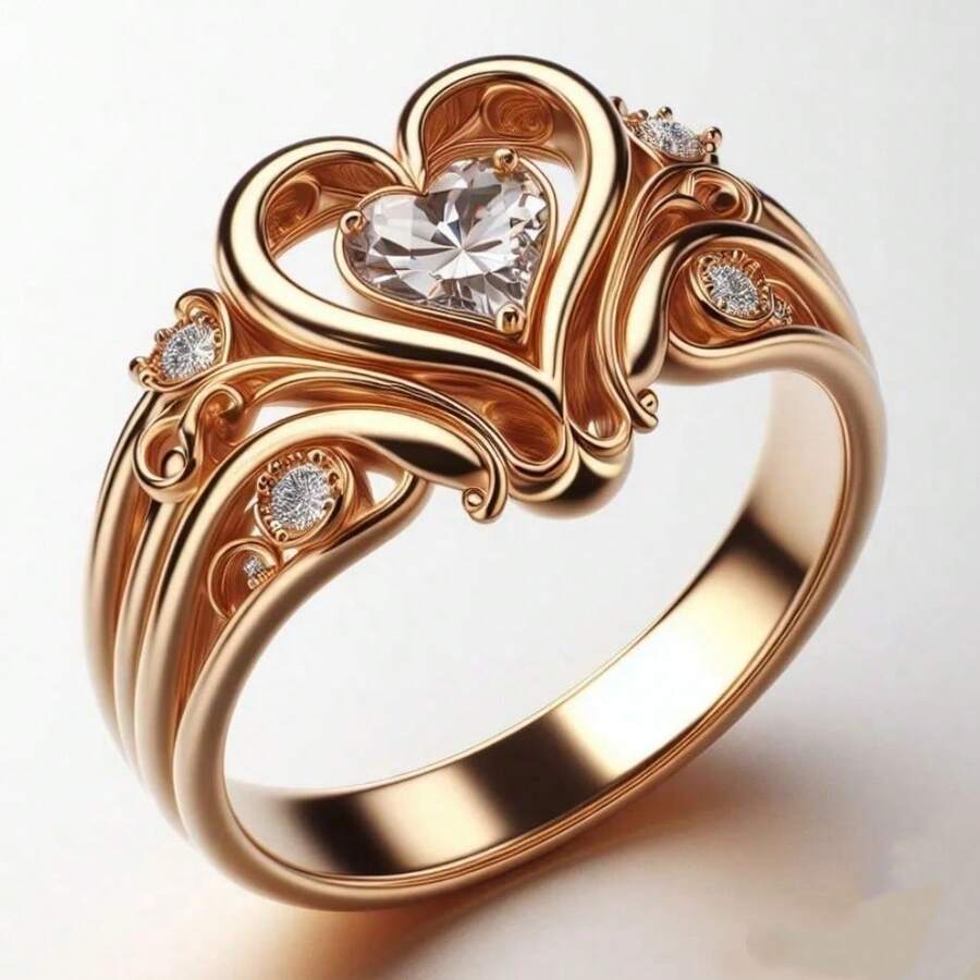 Elegant Hollow Heart-Shaped Ring, Inlaid With Cubic Zirconia | Romantic Jewelry - Rose Gold - View 1