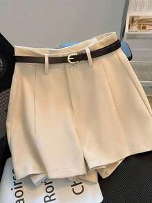 Women's Summer Solid Color Shorts, Mid-High Waist, Versatile And Fashionable For Everyday Wear, With Belt - 卡其色 - 查看 3