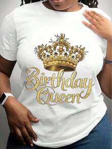 Women's "Birthday Queen" Graphic T-Shirt - White, Casual, Crew Neck, With Sparkling Gold Crown Design And Text, Breathable, Comfortable For All Seasons, Machine Washable, Standard Fit For Parties And Casual Wear, Ladies' T-Shirts, Party Wear, Festive Outfit, Comfortable Fit T-Shirt, Birthday Celebration, Vibrant Design, Soft Material, For Fashion Lovers - 白色 - 查看 6