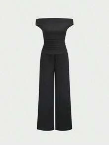 Conjunto Versátil de 2 Piezas para Mujer  Sweetro: Top de Color Sólido con Hombros Descubiertos y Pantalones Anchos Casuales con Cordón Ajustable - Negro - Ver 3