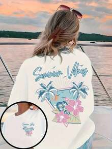 Dam Sommarvibbar Palm Tree Hibiscus Grafisk T-shirt Dubbelsidigt Tryck Rund Hals Kortärmad Svart Överdimensionerad Strand Semester Casual T-shirts Toppar - Vitt - Visa 6