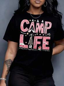 Camiseta Ligera Estampada para Mujer, Estilo Casual, para Campamento, Aventura al Aire Libre, Cuello Redondo, Manga Corta, para Verano, Ropa para Vacaciones de Verano, Adecuada para Festivales y Uso Diario - Multicolor - Ver 7