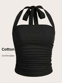 3 piezas Blusa de verano casual/de oficina/de vacaciones con estampado floral, fruncido y nudo delantero, blusa floral vintage, blusa casual, blusa para salir, playa, vacaciones de primavera, blusa de verano - Negro - Ver 4