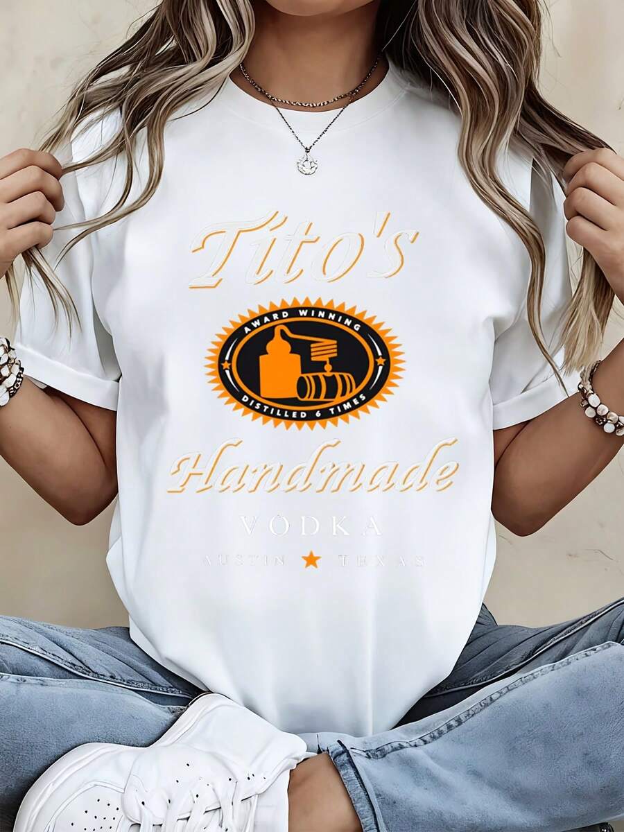 Titos Handmade Vodka Logo T Shirt Women Casual Short Sleeve Top White Cotton Graphic Tee Fashion Shirt - trắng - Xem 1