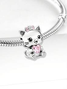 1pc 925 Sterling Silver Cat Hugging Heart Charm, Suitable For Women Bracelet Bangle DIY Jewelry Making, Exquisite Jewelry - Style 25 - View 3
