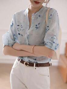 Blusa de mujer de manga 3/4 con cuello alto, estampado floral acuarela azul grisáceo| Blusa de ajuste ceñido, transpirable, de manga acampanada, para oficina/vacaciones, primavera/verano - Celeste - Ver 6