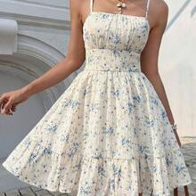 Women's Summer Holiday Ditsy Floral Print Ruffle Hem Spaghetti Strap Beach Dress,Bohemian Clothes Vacation Resort - Azul y blanco - Ver 2