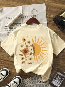 1pc Tween Girl Floral & Sunshine Print Short Sleeve T-Shirt, Student Youth Apparel, Positive Energy Sunny Summer Top - Apricot - View 2