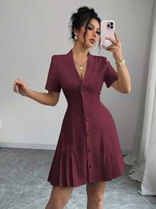 Vestido elegante y casual de verano con cuello reversible, decoración de botones, cintura ceñida, volantes y manga corta, en color liso, para primavera/verano - Burdeos - Ver 3