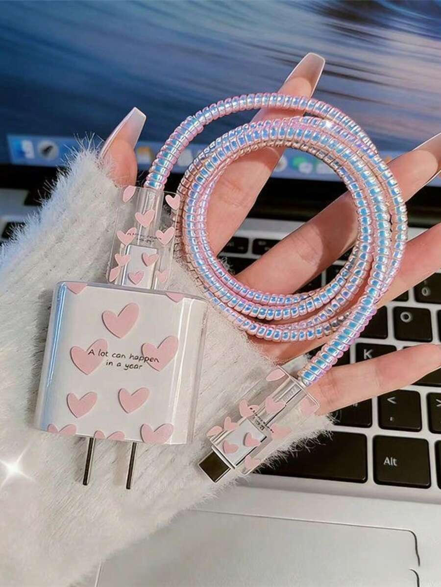 5个TPU数据线防弯折绕线器，充电器保护套，粉色心形，适用于 18/20W - 粉色 - 查看 1