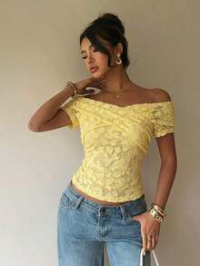 Nueva llegada Camiseta de moda ajustada con hombros descubiertos para mujer, primavera/verano - amarillo ganso - Ver 6