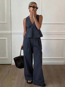 Conjunto de 2 piezas de top de tirantes finos a rayas y pantalones casuales para mujer, conjunto de ropa de estar en casa de verano - Azul marino 7 - Ver 1